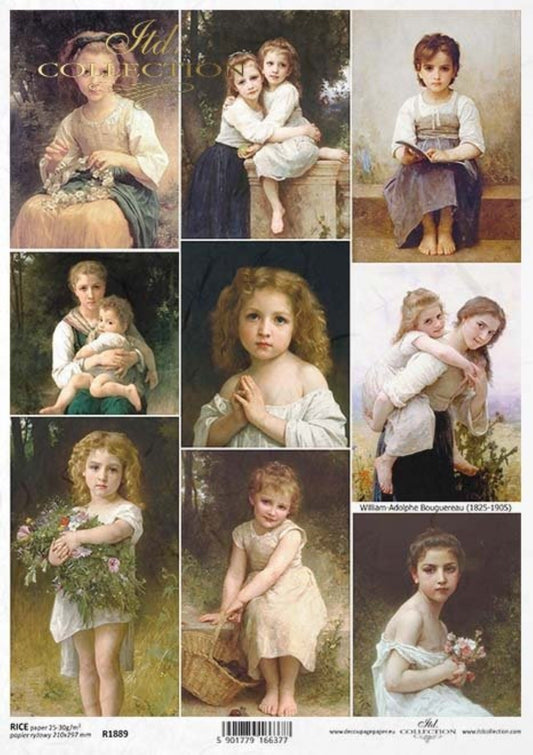 ITD Collection Rice Paper for Decoupage R1889 Size A4 - 210x297 mm, 8.27x11.7 inch, art William-Adolphe Bouguereau, girls, vintage portraits