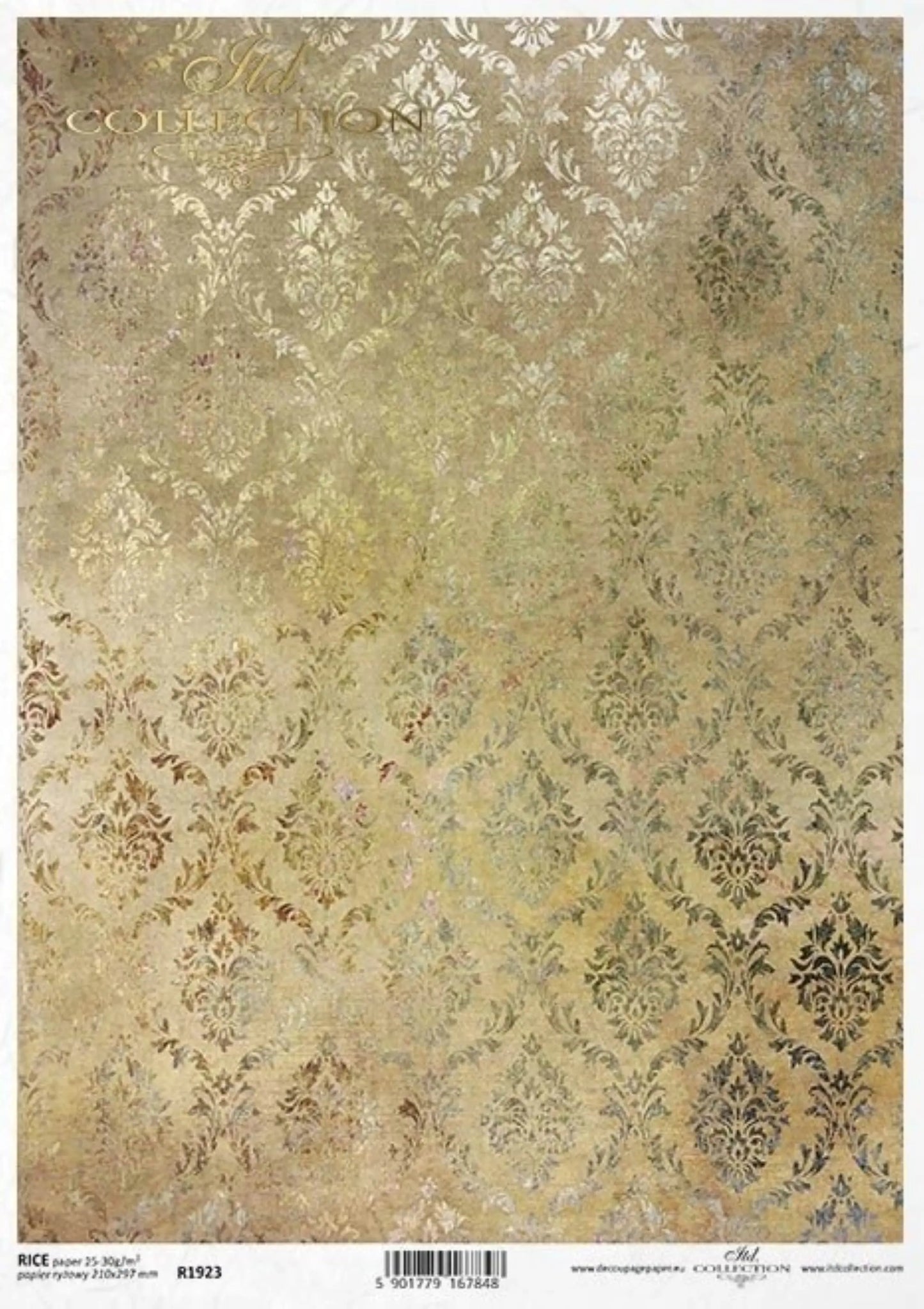 ITD Collection Rice Paper for Decoupage R1923 Size A4 - 210x297 mm, 8.27x11.7 inch, Damask wallpaper in gold tones, background ITD Collection