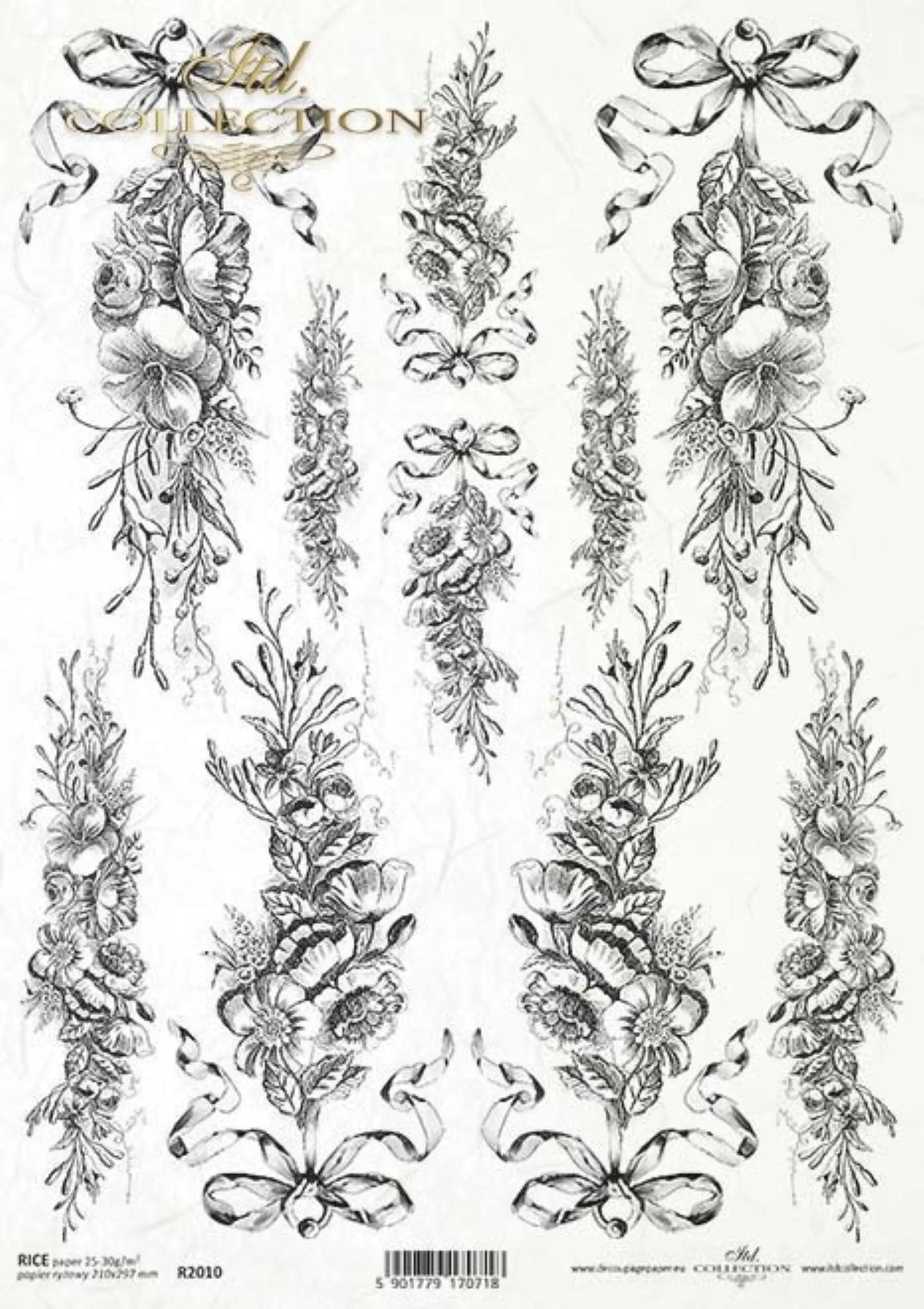 ITD Collection Rice Paper for Decoupage R2010 Size A4 - 210x297 mm, 8.27x11.7 inch, black borders, garland, finishes, decoration ITD Collection