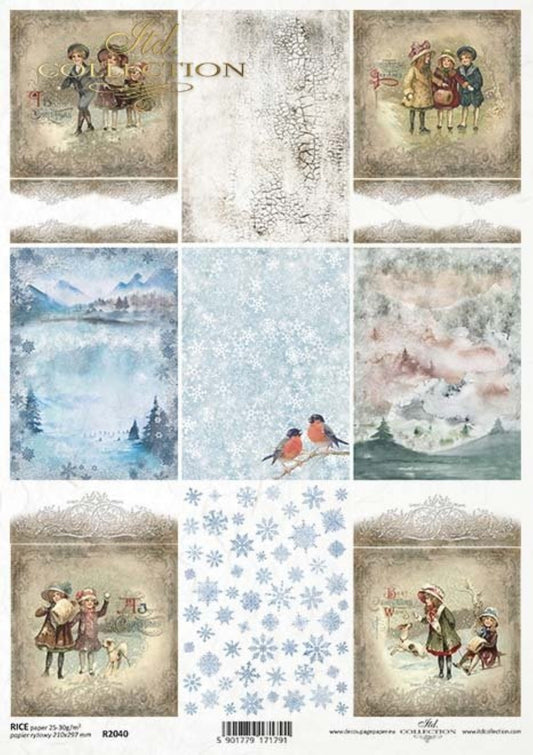 ITD Collection Rice Paper for Decoupage R2040 Size A4 - 210x297 mm, 8.27x11.7 inch, Christmas, backgrounds, decorations, snowflakes, birds