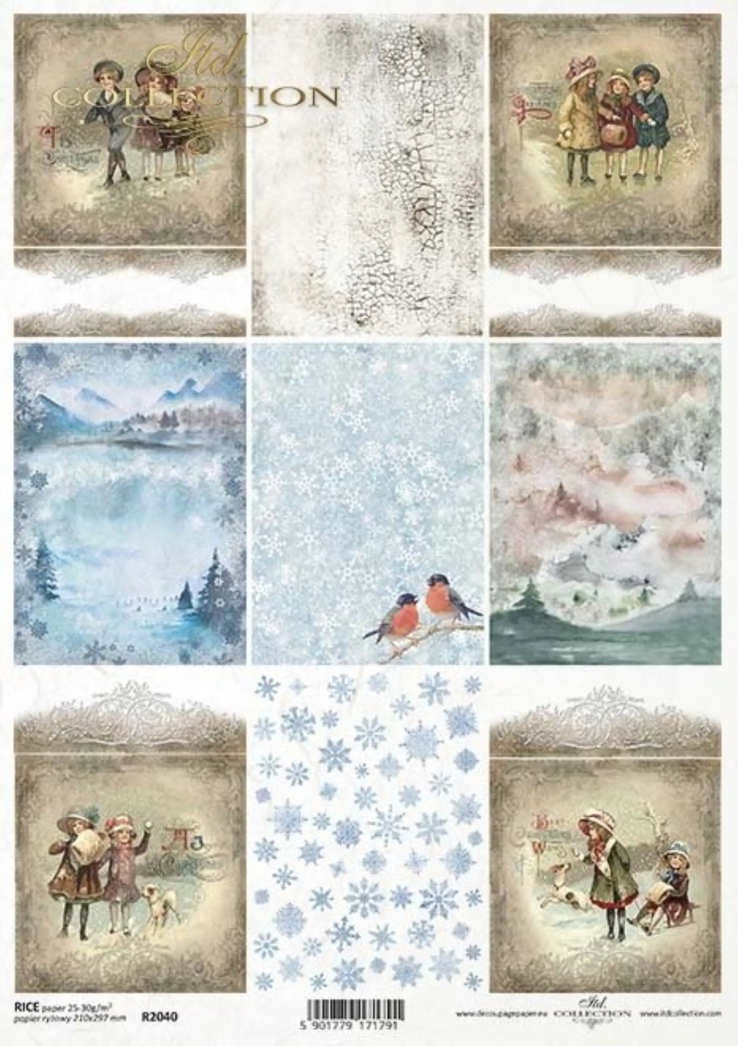 ITD Collection Rice Paper for Decoupage R2040 Size A4 - 210x297 mm, 8.27x11.7 inch, Christmas, backgrounds, decorations, snowflakes, birds ITD Collection