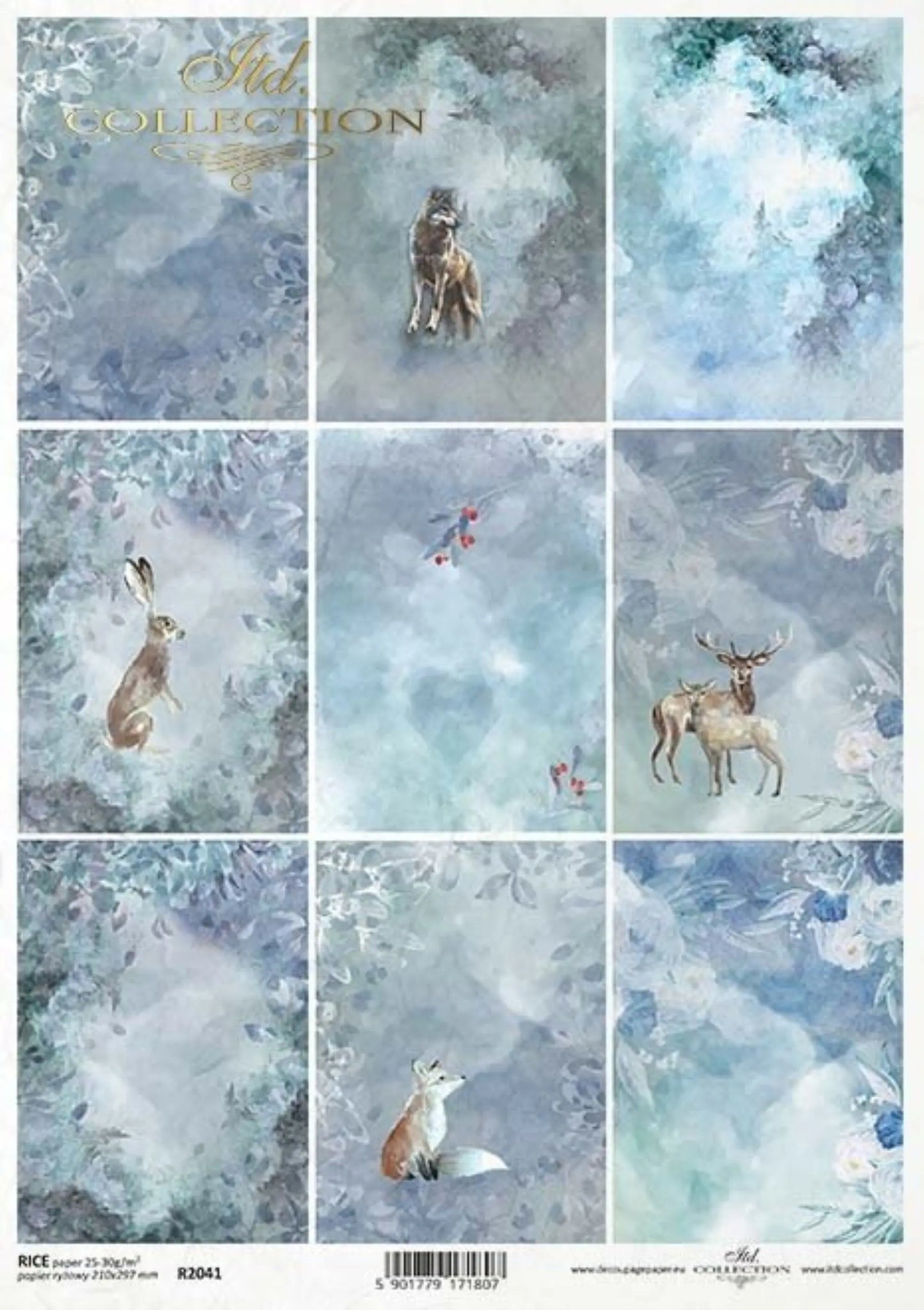 ITD Collection Rice Paper for Decoupage R2041 Size A4 - 210x297 mm, 8.27x11.7 inch, Christmas, backgrounds, snowflakes, Snow winter animals ITD Collection