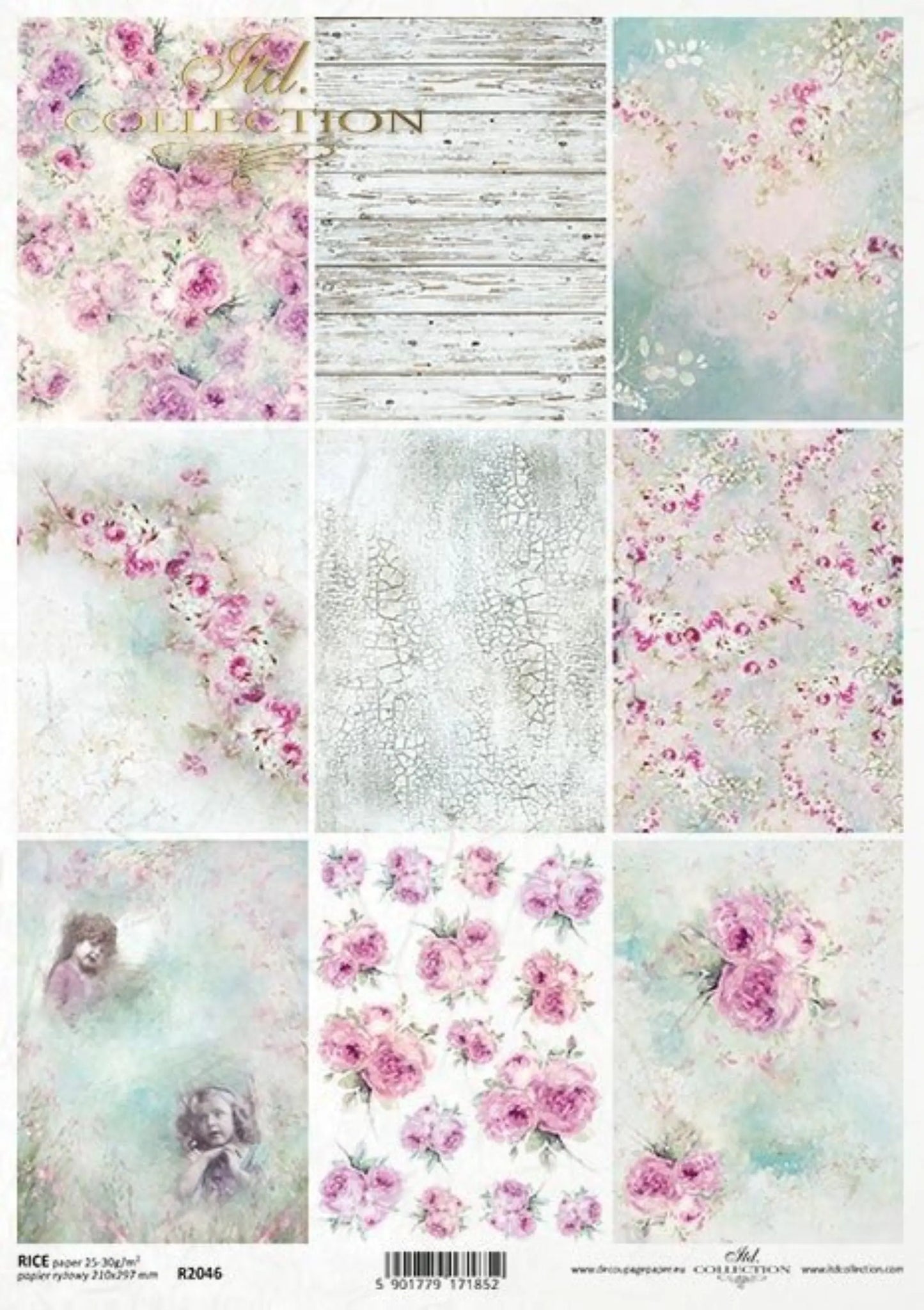 ITD Collection Rice Paper for Decoupage R2046 Size A4 - 210x297 mm, 8.27x11.7 inch, Shabby Chic flowers, roses, birds, bunnies, squares ITD Collection