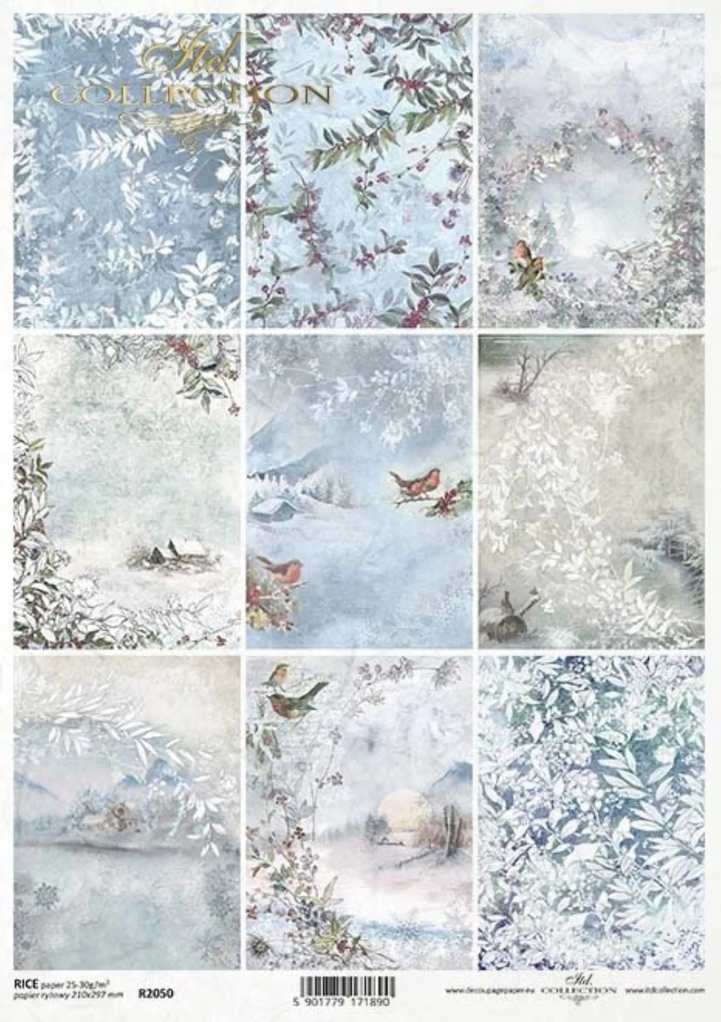 ITD Collection Rice Paper for Decoupage R2050 Size A4 - 210x297 mm, 8.27x11.7 inch, winter snow scenes, birds, wallpaper, wreath, background ITD Collection