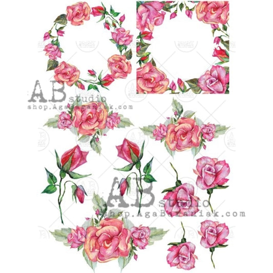 AB Studio Shabby Chic, roses, Frames, bouquets, 0423 Size: A4 - 8.27 X 11.69 inches Rice Paper for Decoupage Imported from Poland