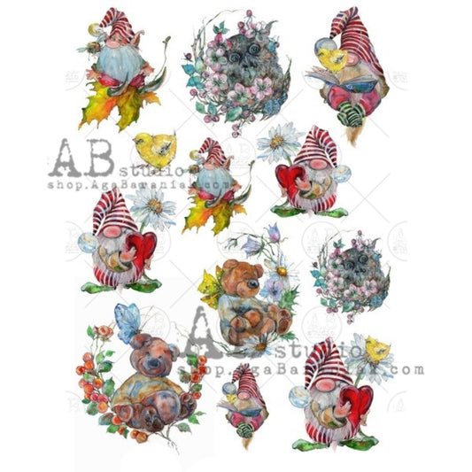 AB Studio Gnomes, Hearts, Spring, Flowers, 0558, Size: A4 - 8.27 X 11.69 inches Rice Paper for Decoupage Imported from Poland