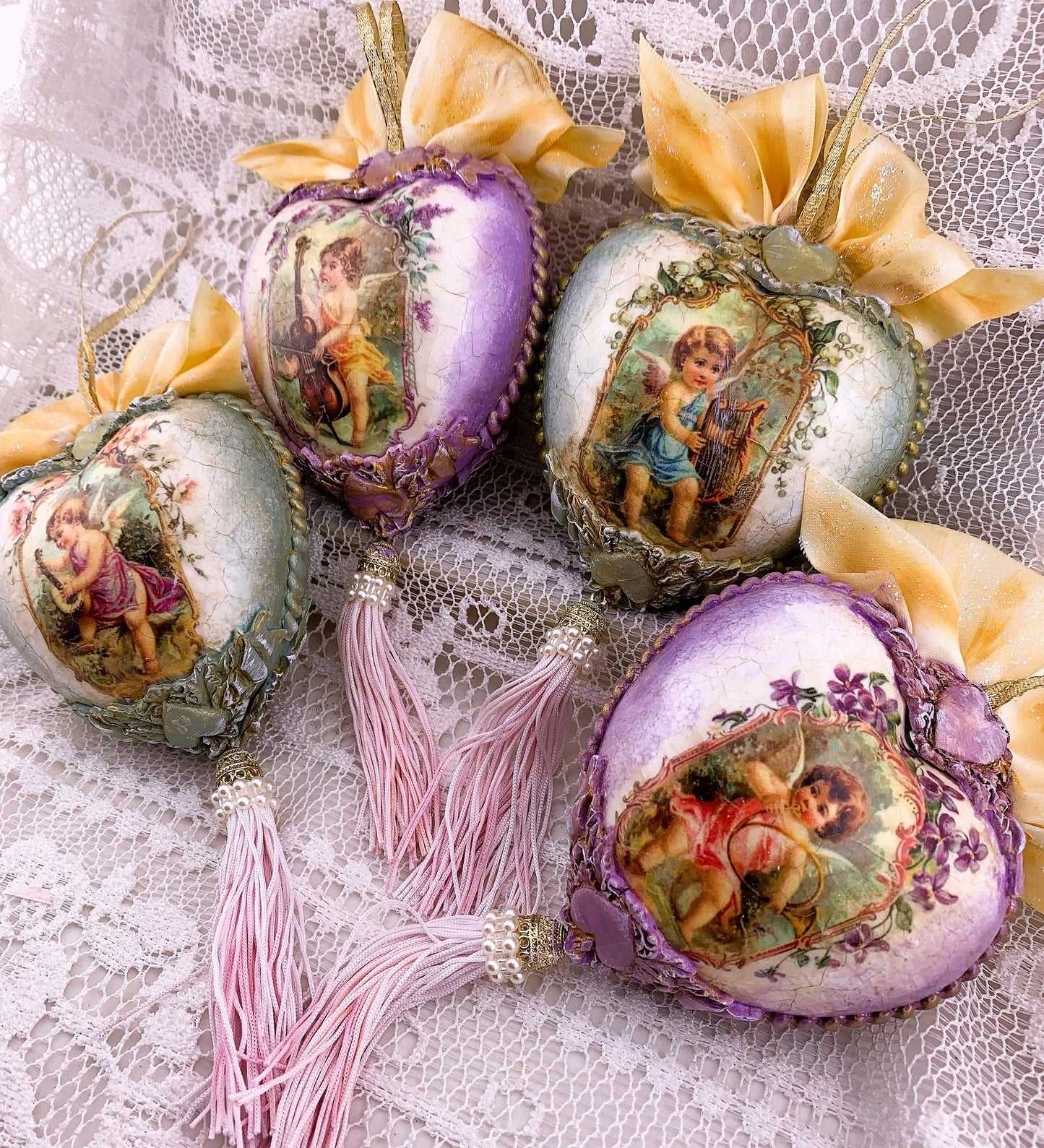 Handcrafted, Shabby Chic, Valentine Heart Ornament Set of 4, Decoupage Pink Cupid Love Heart Ornaments, Valentine's Day Ornament Decorations