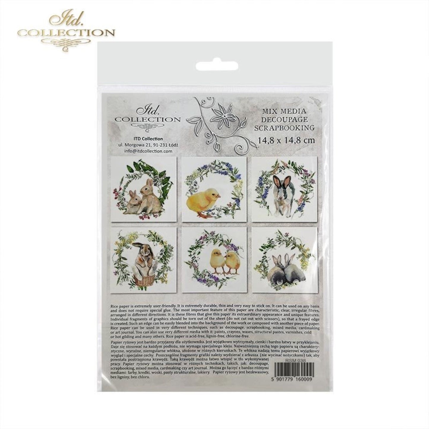 ITD Collection Rice Paper Mini Set for Decoupage RSM038, 6 sheets of rice paper 14,8x14,8 cm, bunny, chic, Easter Rounds, Wreaths