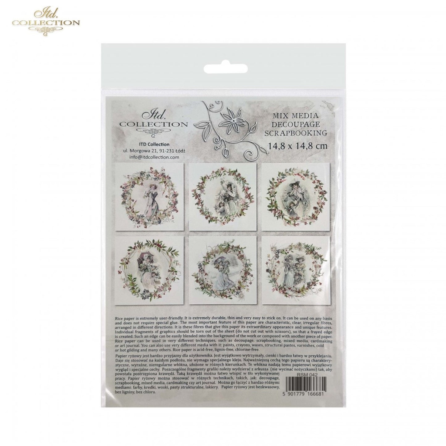 ITD Collection Rice Paper Mini Set for Decoupage RSM042, 6 sheets of rice paper 14,8x14,8 cm, Shabby chic, wreath, vintage, women, Rounds