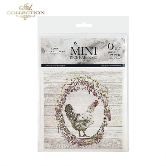 ITD Collection Rice Paper Mini Set for Decoupage RSM056, 6 sheets of rice paper 14,8x14,8 cm, hens and roosters, Wreaths, Farm Animals