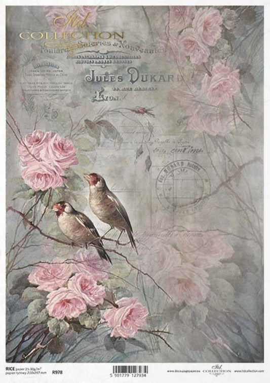 ITD Collection Rice Paper for Decoupage R0978, Size A4 - 210x297 mm, 8.27x11.7 inch, flowers, birds, background, roses, Shabby Chic