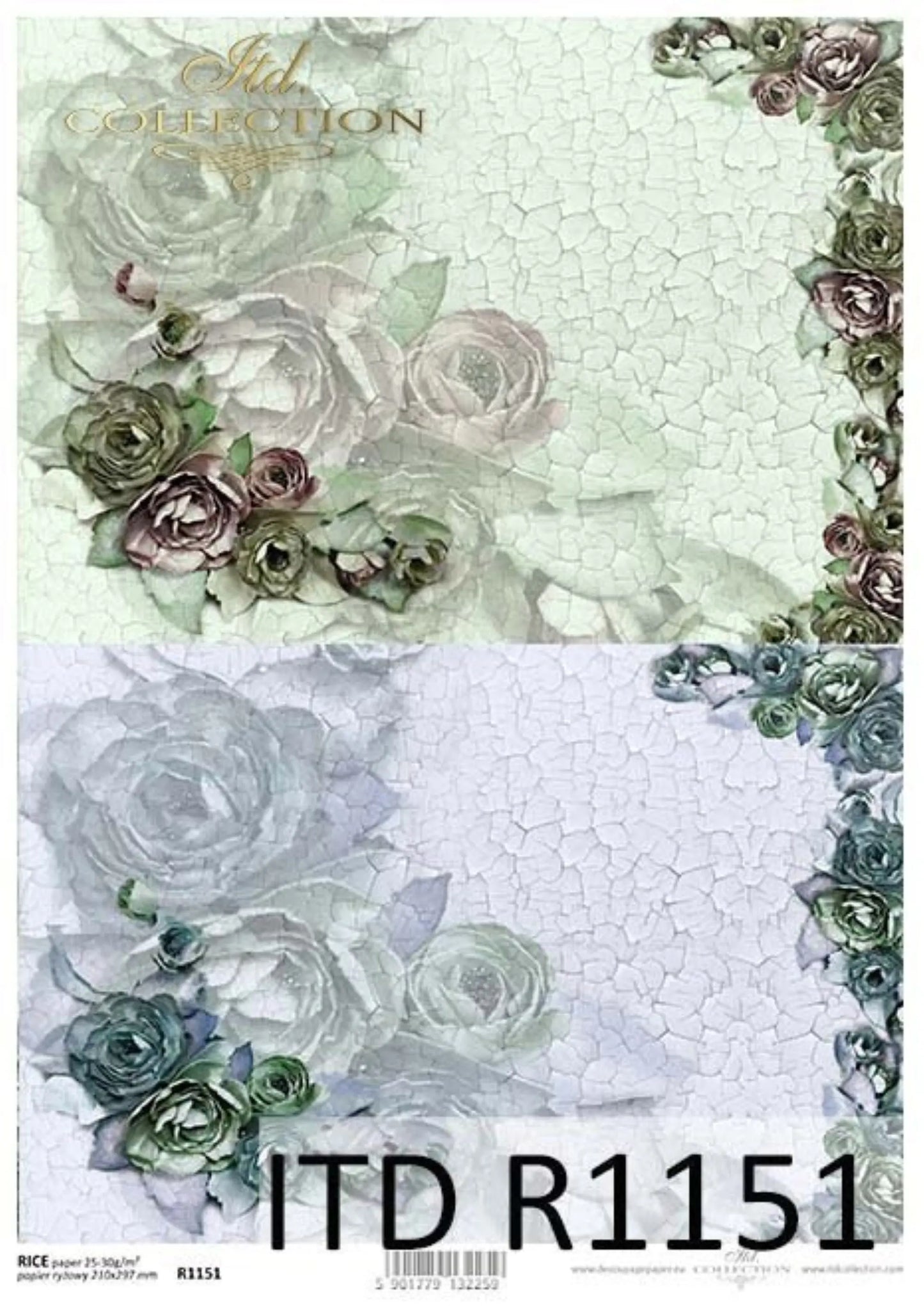 ITD Collection Rice Paper for Decoupage R1151, Size A4 - 210x297 mm, 8.27x11.7 inch, background flowers, shabby chic crackle ITD Collection