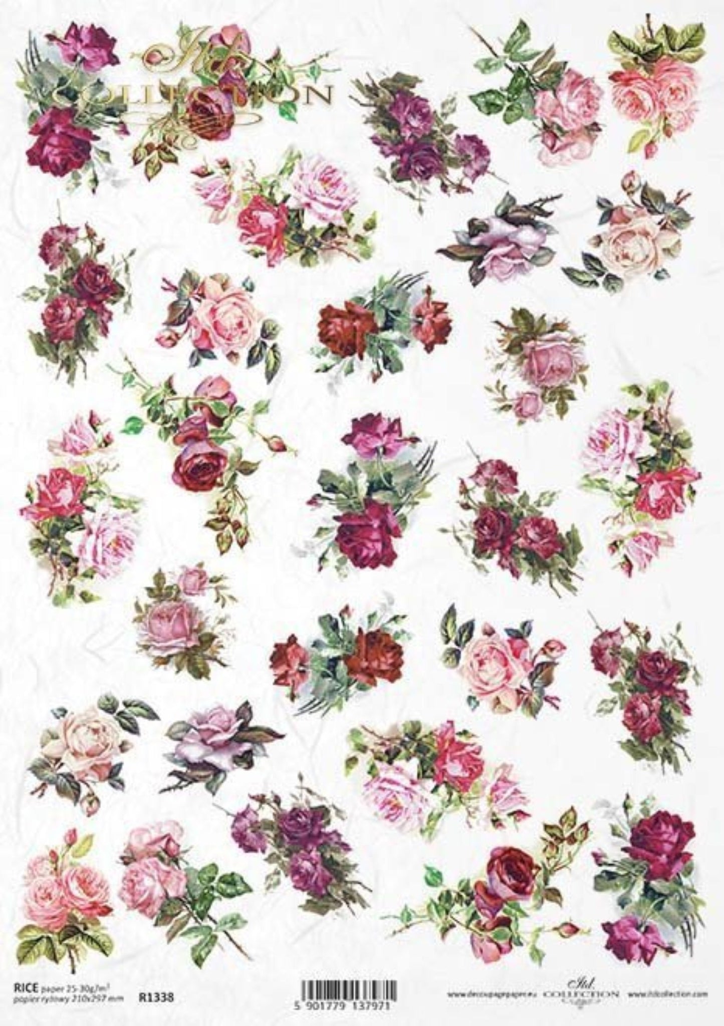 ITD Collection Rice Paper for Decoupage R1338, Size A4 210x297 mm, 8.27x11. Vintage, Shabby Chic, tiny Pink Rose bouquets, background
