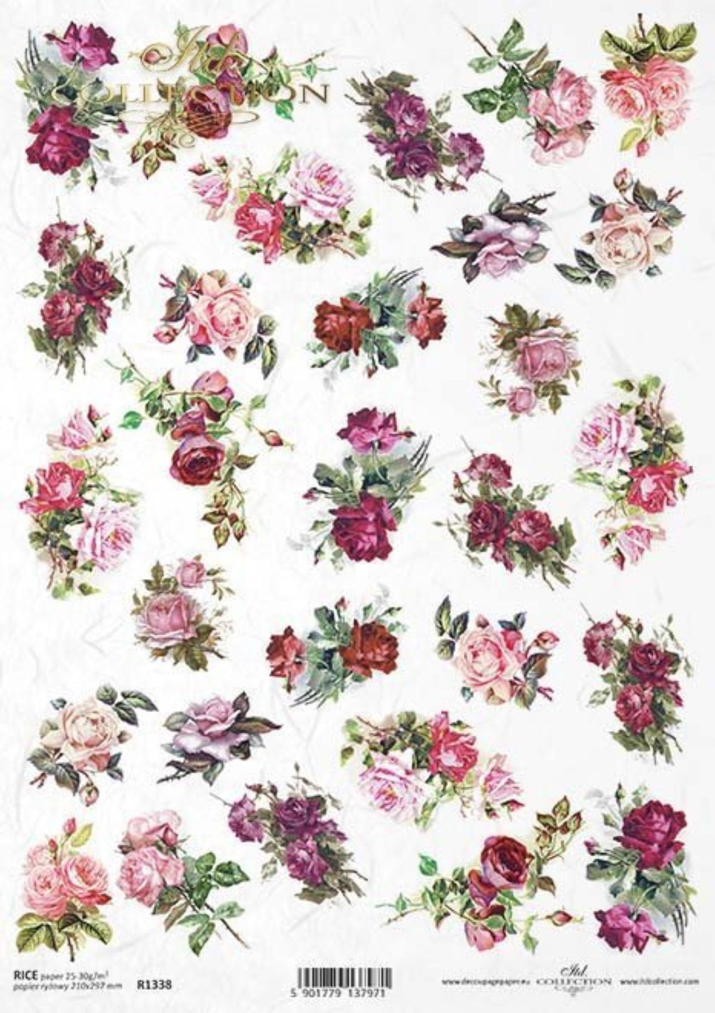 ITD Collection Rice Paper for Decoupage R1338, Size A4 210x297 mm, 8.27x11. Vintage, Shabby Chic, tiny Pink Rose bouquets, background