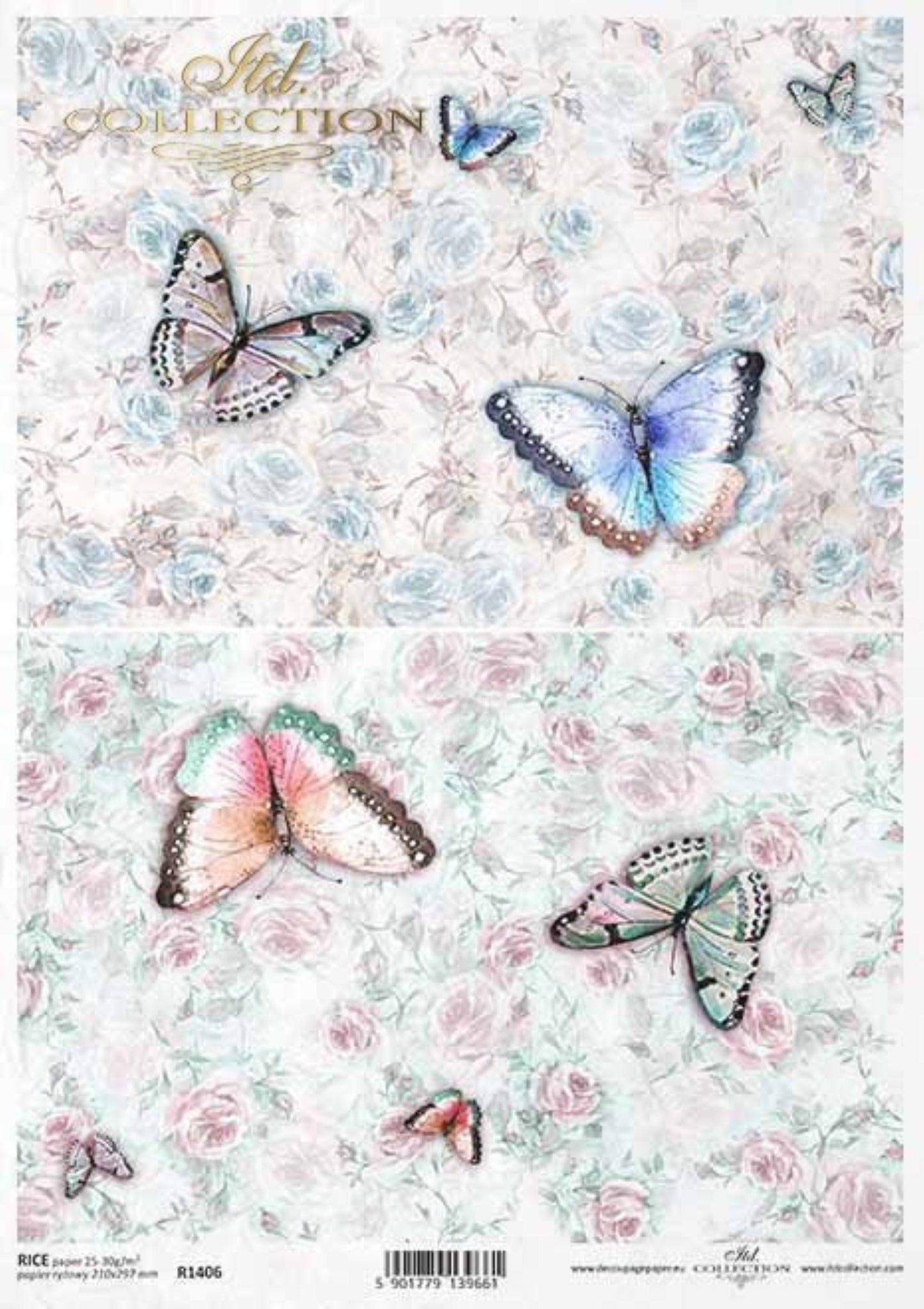 ITD Collection Rice Paper for Decoupage R1406, Size A4 - 210x297 mm, 8.27x11. inch Shabby Chic butterflies, flower, rose, background