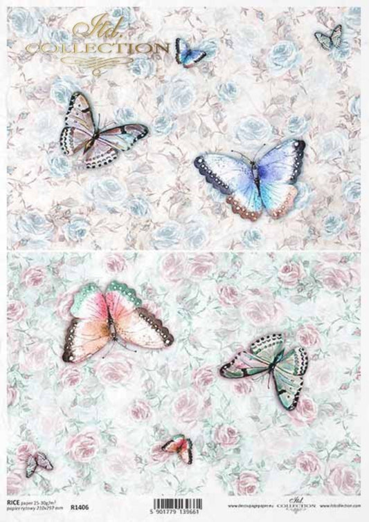 ITD Collection Rice Paper for Decoupage R1406, Size A4 - 210x297 mm, 8.27x11. inch Shabby Chic butterflies, flower, rose, background