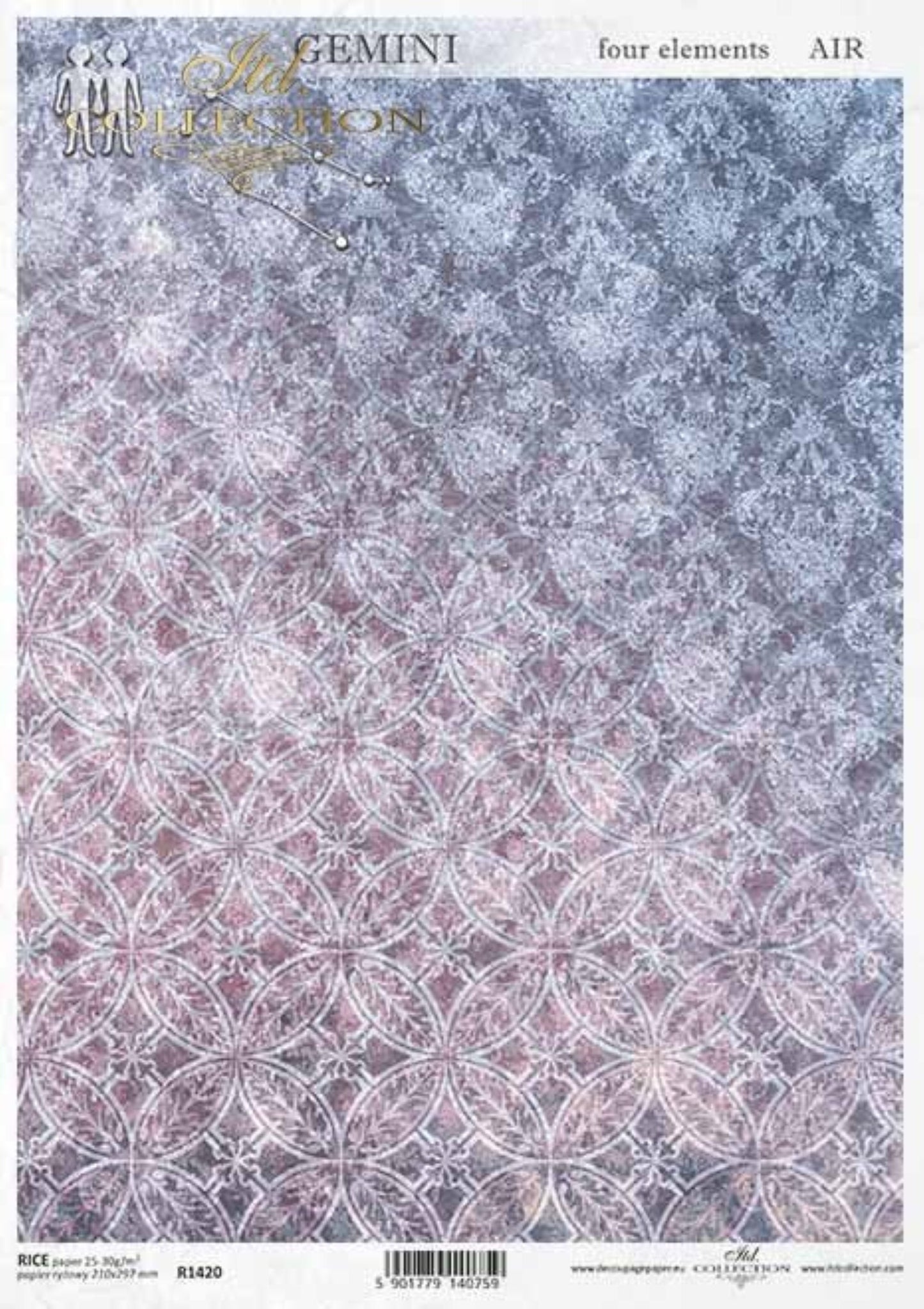 ITD Collection Rice Paper for Decoupage R1420, Size A4 - 210x297 mm, 8.27x11. inch constellation, zodiac, four elements, Air Gemini, purple