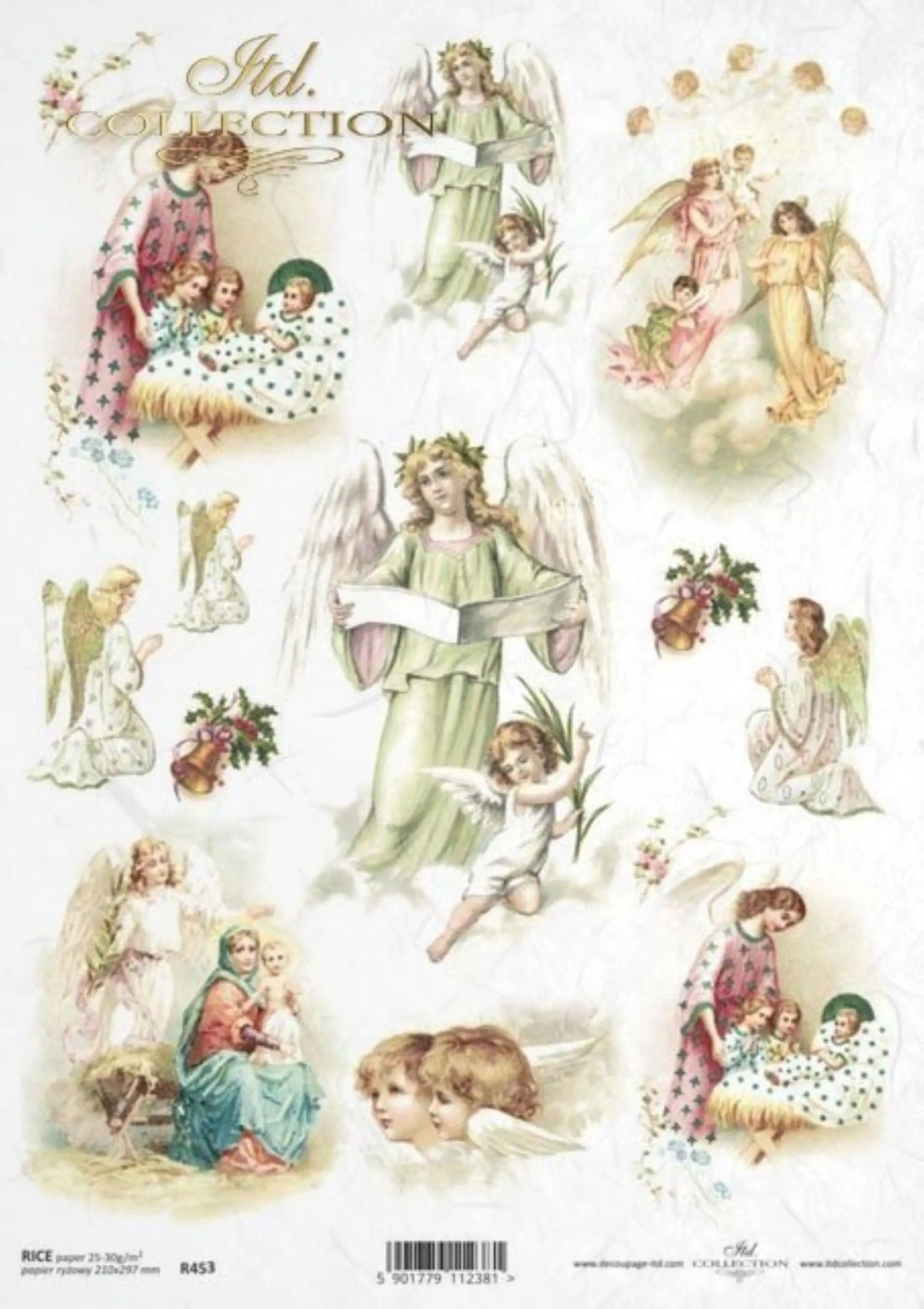 ITD Collection Rice Paper for Decoupage R0453, Size A4 - 210x297 mm, 8.27x11.7 inch, Christmas motifs, decorations, angels ITD Collection