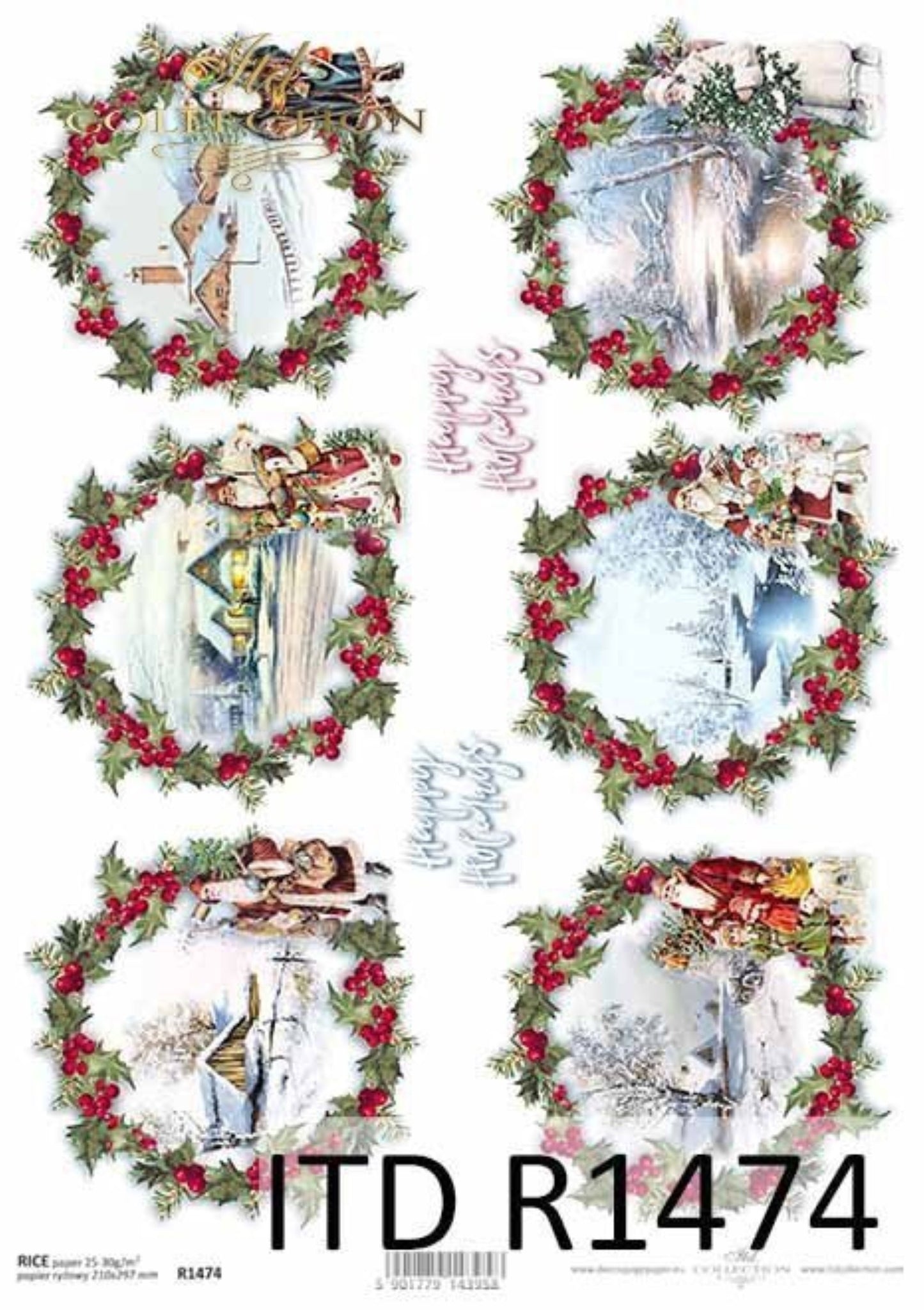 ITD Collection Rice Paper for Decoupage R1474, Size A4 - 210x297 mm, 8.27x11.7 inch, Christmas Rounds, decorations, wreaths, holly, Santa