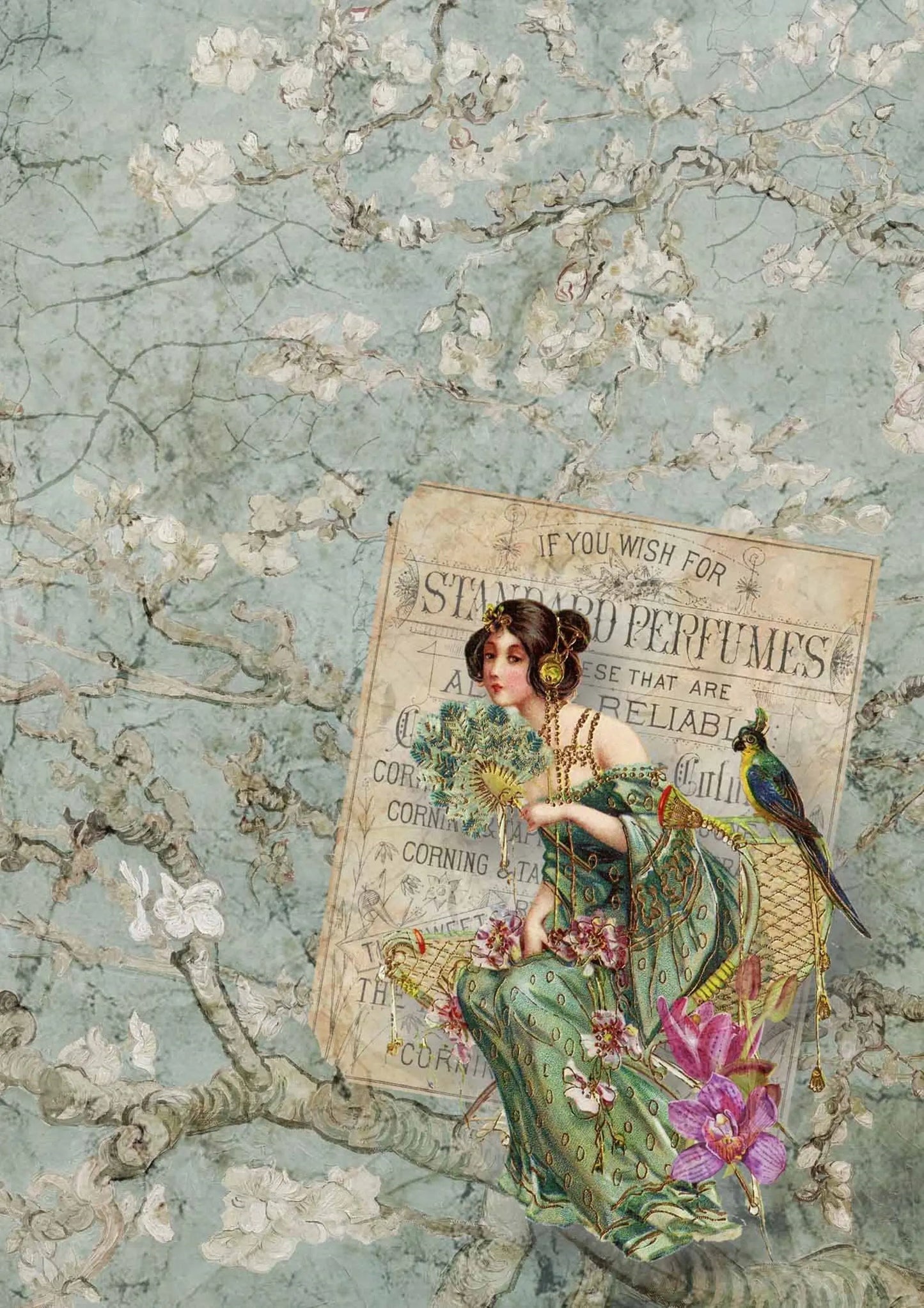 Decoupage Queen Sweet Perfume DQRP 0155 Size: A4 - 8.3" X 11.7" Rice Paper, Decoupage, Floral, Woman, Asian Woman, Bird, Flowers Decoupage Queen