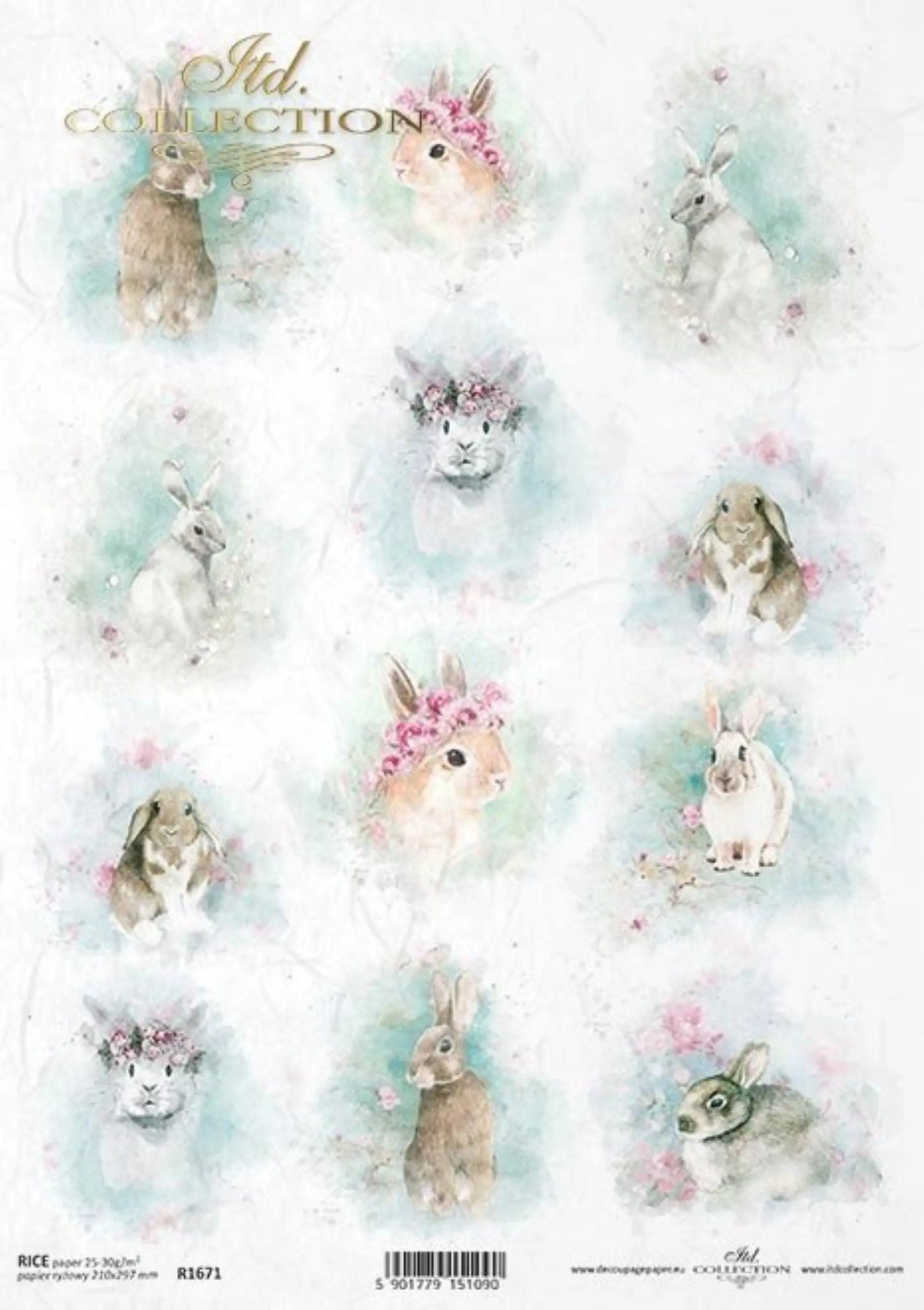 ITD Collection Rice Paper for Decoupage R1671, Size A4 - 210x297 mm, 8.27x11.7 inch, Shabby Chic, watercolors, spring, Easter bunnies Rounds ITD Collection