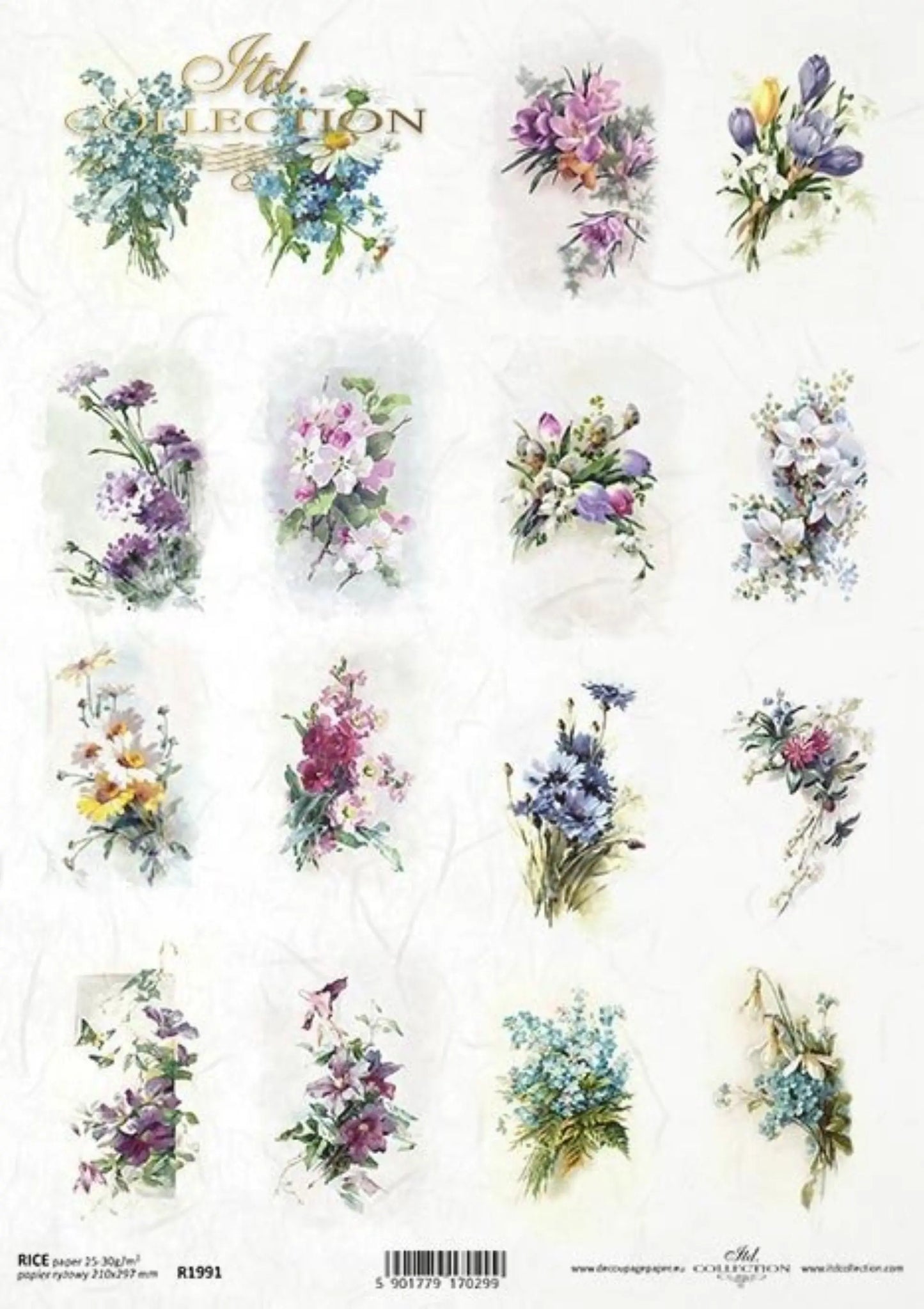 ITD Collection Rice Paper for Decoupage R1991 Size A4 - 210x297 mm, 8.27x11.7 inch, spring flowers, forget-me-nots, bouquets squares ITD Collection