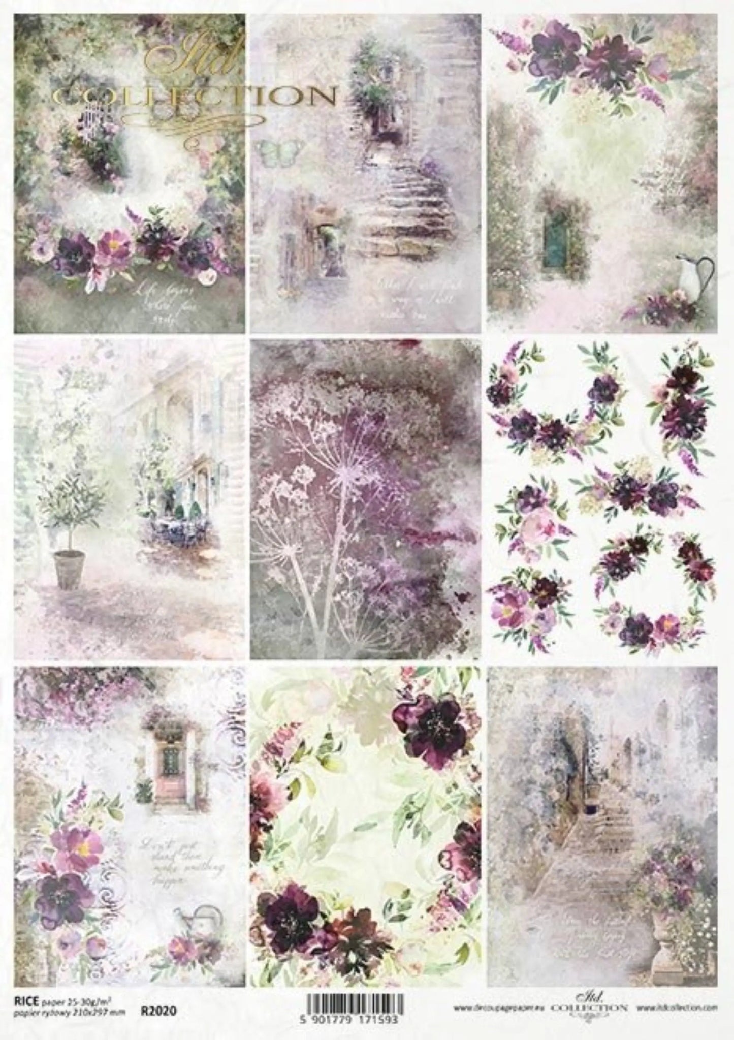 ITD Collection Rice Paper for Decoupage R2020 Size A4 - 210x297 mm, 8.27x11.7 inch, summer flowers, butterflies, squares, purple, spring ITD Collection