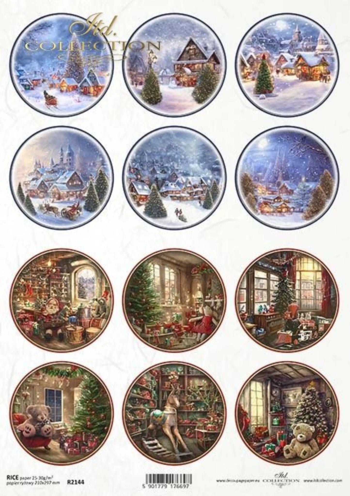 ITD Collection Rice Paper for Decoupage R2144 Size A4 - 210x297 mm, 8.27x11.7 inch, Santa, teddy bears, winter landscape, Christmas Rounds ITD Collection