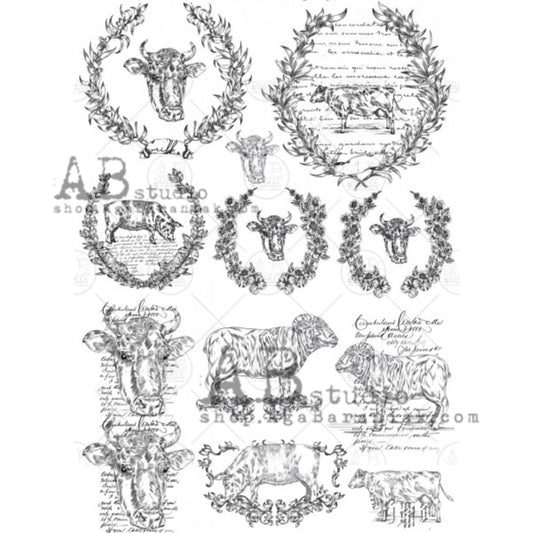 AB Studio Shabby Chic Farm Animals, Black, Cow, Pig, 0286 Size: A4 - 8.27 X 11.69 inches Rice Paper for Decoupage Imported from Poland