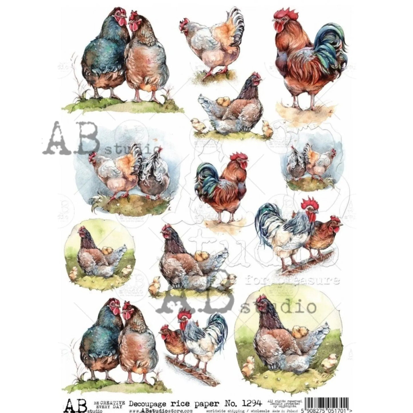 AB Studio Shabby Chic, Roosters, Hens, Chics, 1294, Size: A4 - 8.27 X 11.69 inches Rice Paper for Decoupage Imported from Poland AB Studio