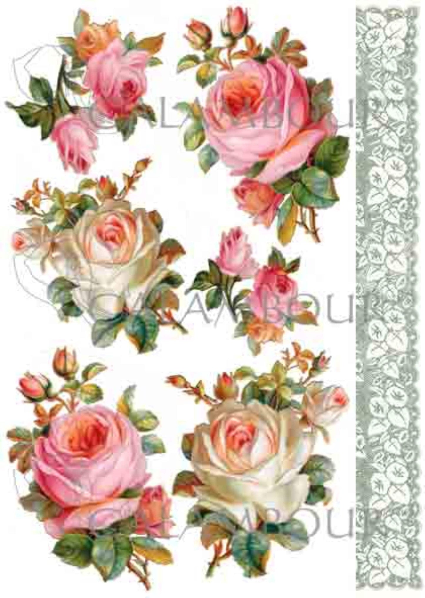 Calambour Italian Design Opera Collection, Pink Roses, Lace, TT016 Mulberry Rice Paper Decoupage 23 x 32 cm 9 x 12.5 in A4