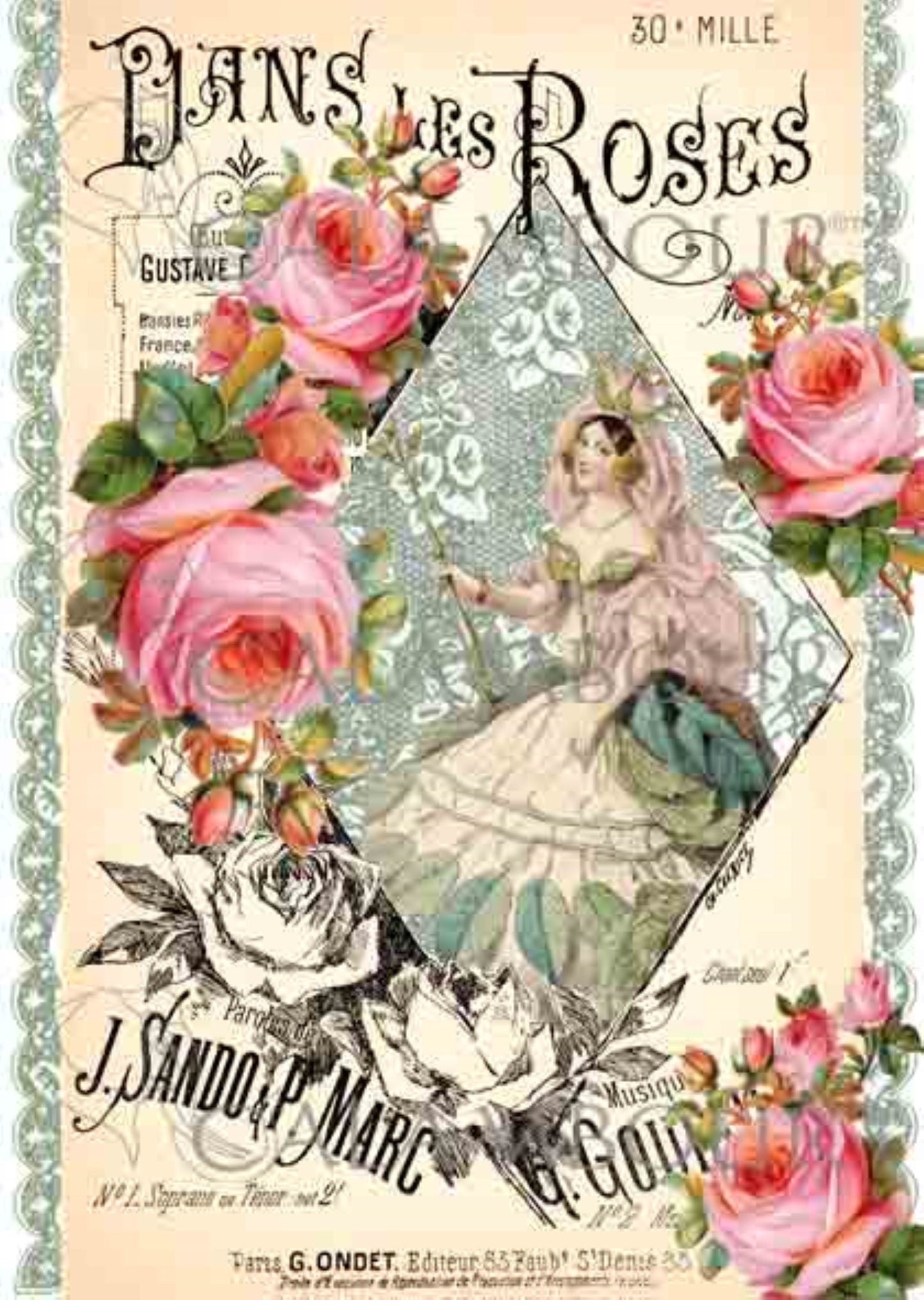 Calambour Italian Design Opera Collection, Pink Roses, Lady, TT017 Mulberry Rice Paper Decoupage 24.7 x 34.5 cm 9.72 x 13.58 in