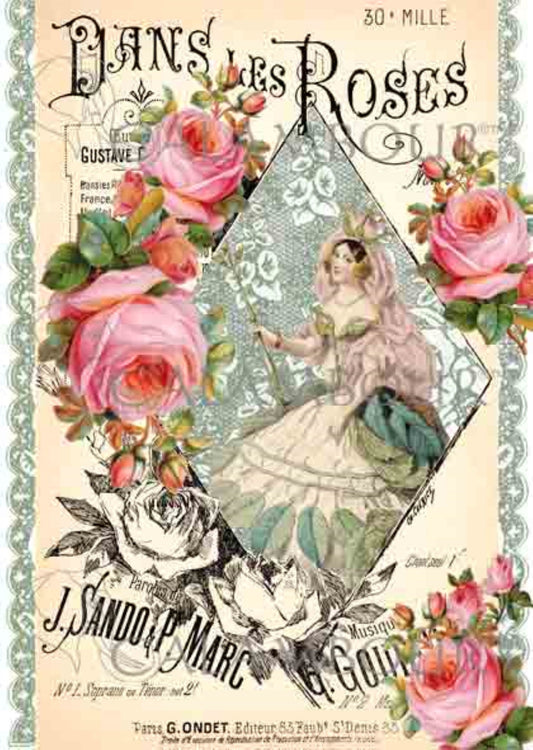 Calambour Italian Design Opera Collection, Pink Roses, Lady, TT017 Mulberry Rice Paper Decoupage 24.7 x 34.5 cm 9.72 x 13.58 in