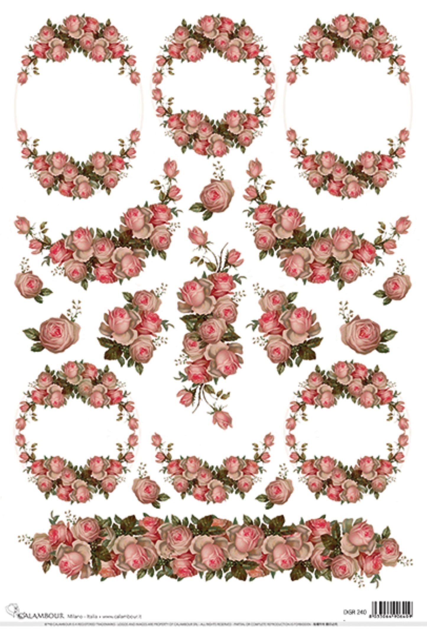 Calambour Design, Victorian Collection, Shabby Chic, Pink Roses, Garland, Frames, DGR-240, Rice Paper Decoupage 32 x 45 cm 12.5 x 17 in