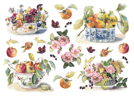 Calambour Italian Design, DG Collection, Shabby Chic, Fruit, Bowls, Flowers, Vases, DGR-86, Rice Paper Decoupage 32 x 45 cm 12.5 x 17 in