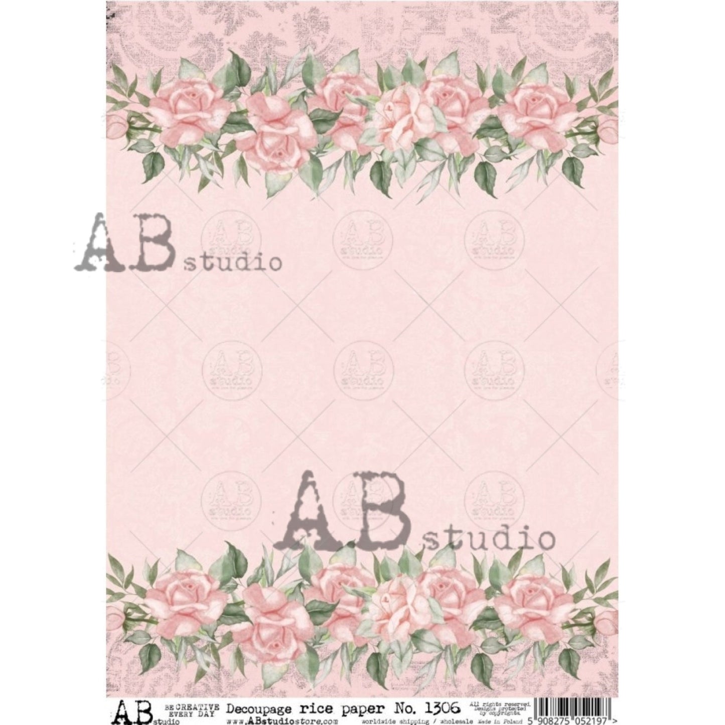 AB Studio, Rice Paper, Shabby Chic Pink Roses Wallpaper, Border, 1306,  A4 8.27 X 11.69 Decoupage, Mixed Media