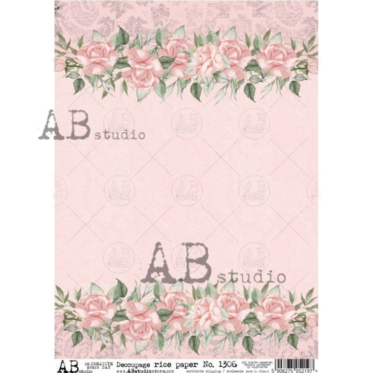 AB Studio, Rice Paper, Shabby Chic Pink Roses Wallpaper, Border, 1306,  A4 8.27 X 11.69 Decoupage, Mixed Media