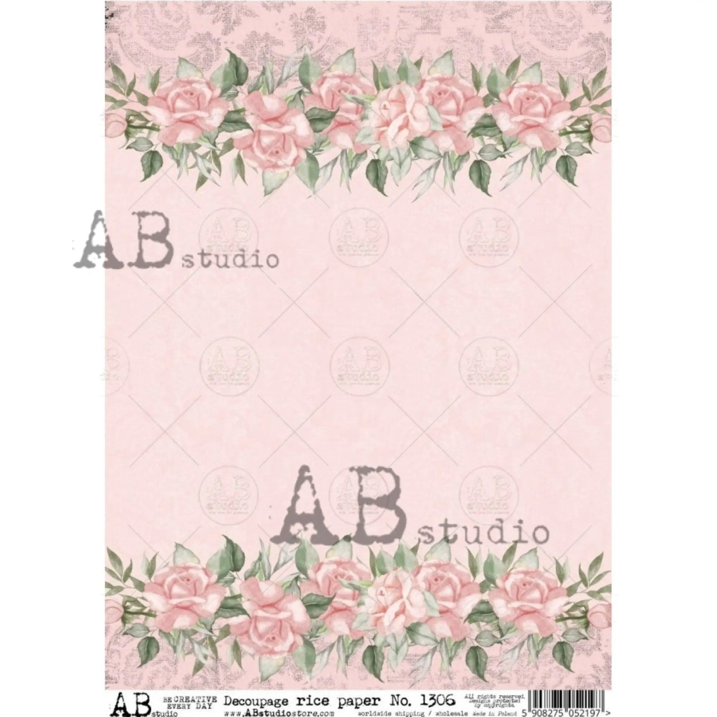 AB Studio, Rice Paper, Shabby Chic Pink Roses Wallpaper, Border, 1306, A4 8.27 X 11.69 Decoupage, Mixed Media AB Studio