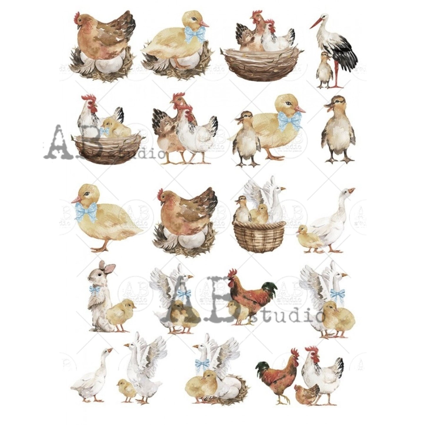 AB Studio Spring, Easter, Bunnies, Ducks, Chics, Hens, 1298 Size: A4 - 8.27 X 11.69 inches Rice Paper for Decoupage Imported from Poland