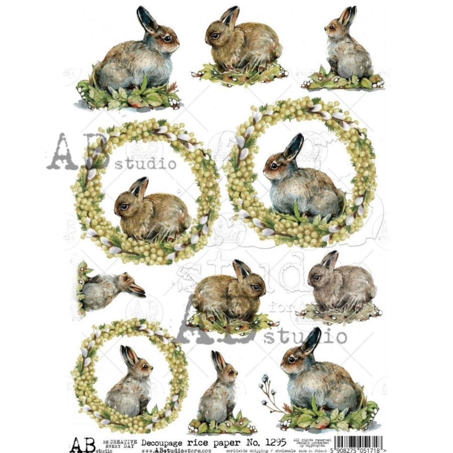 AB Studio Spring, Easter, Bunnies, Rabbits, Wreaths, 1295, Size: A4 - 8.27 X 11.69 inches Rice Paper for Decoupage Imported from Poland