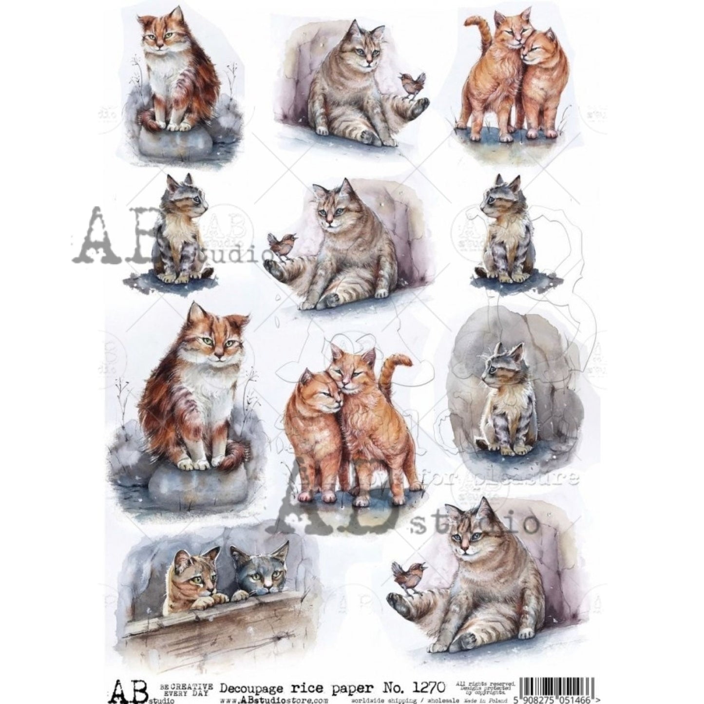 AB Studio Shabby Chic, Cats, Kittens, Squares, 1270, Size: A4 - 8.27 X 11.69 inches Rice Paper Decoupage Imported Poland