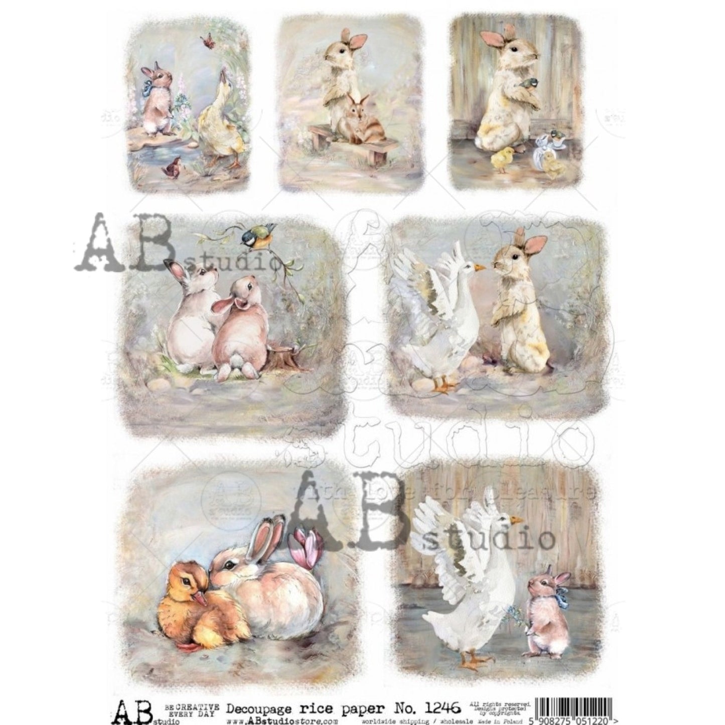 AB Studio Shabby Chic, Easter, Spring, Bunnies, Chics, Squares, 1246, Size: A4 - 8.27 X 11.69 inches Rice Paper Decoupage Imported Poland