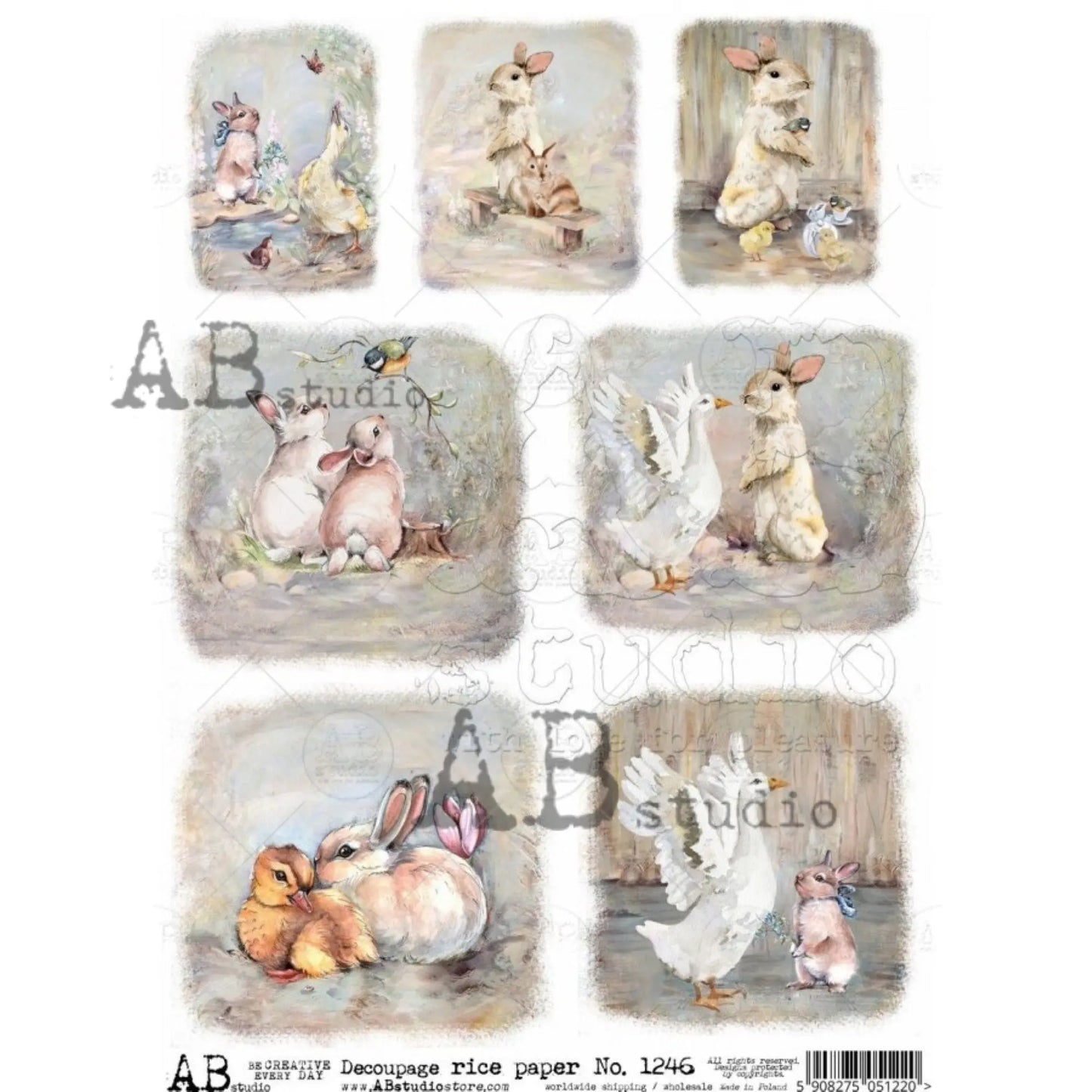 AB Studio Shabby Chic, Easter, Spring, Bunnies, Chics, Squares, 1246, Size: A4 - 8.27 X 11.69 inches Rice Paper Decoupage Imported Poland AB Studio
