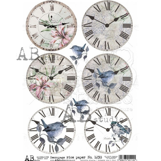 AB Studio Vintage Clocks, Blue Birds, Rounds, Shabby Chic, 1238, Size: A4 - 8.27 X 11.69 inches Rice Paper Decoupage Imported from Poland