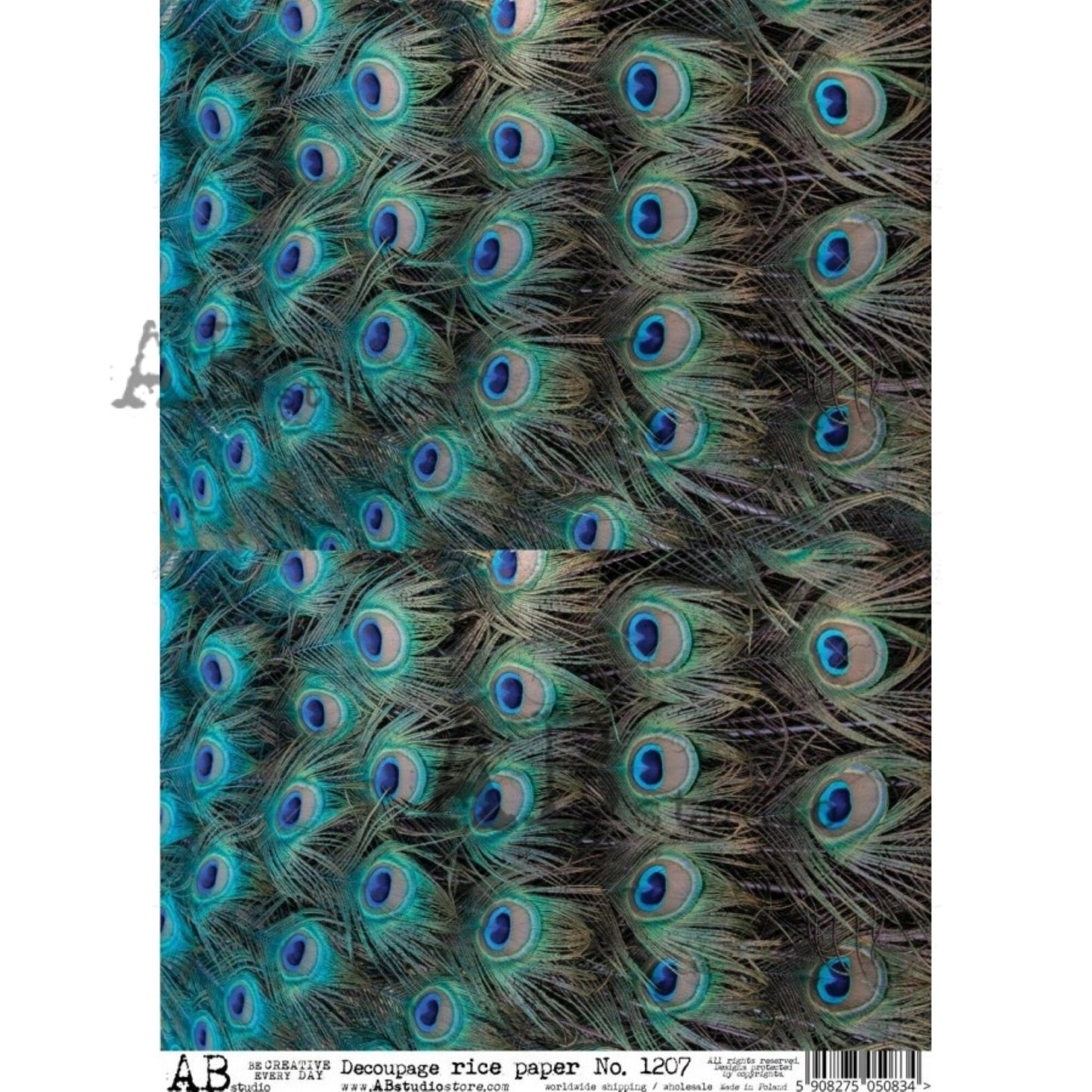 AB Studio Shabby Chic, Peacock, Feathers, Background, Blue, 1207, Size: A4 - 8.27 X 11.69 inches Rice Paper Decoupage Imported Poland