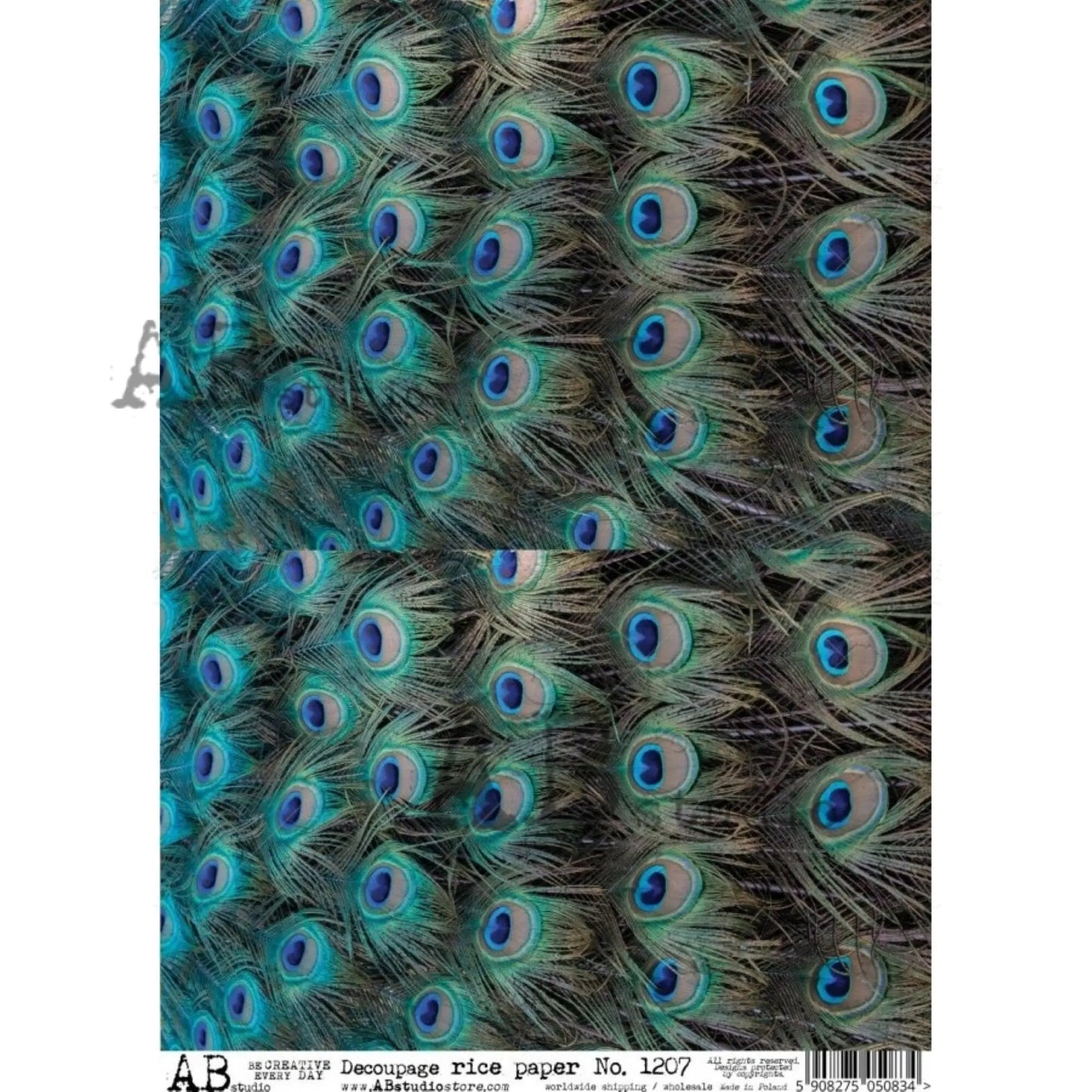 AB Studio Shabby Chic, Peacock, Feathers, Background, Blue, 1207, Size: A4 - 8.27 X 11.69 inches Rice Paper Decoupage Imported Poland AB Studio