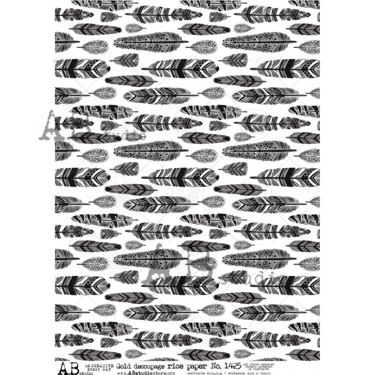 AB Studio,  Gold gilded, Feathers Design, background, No. 1425 Size: A4 - 8.27 X 11.69 in Rice Paper for Decoupage Imported from Poland