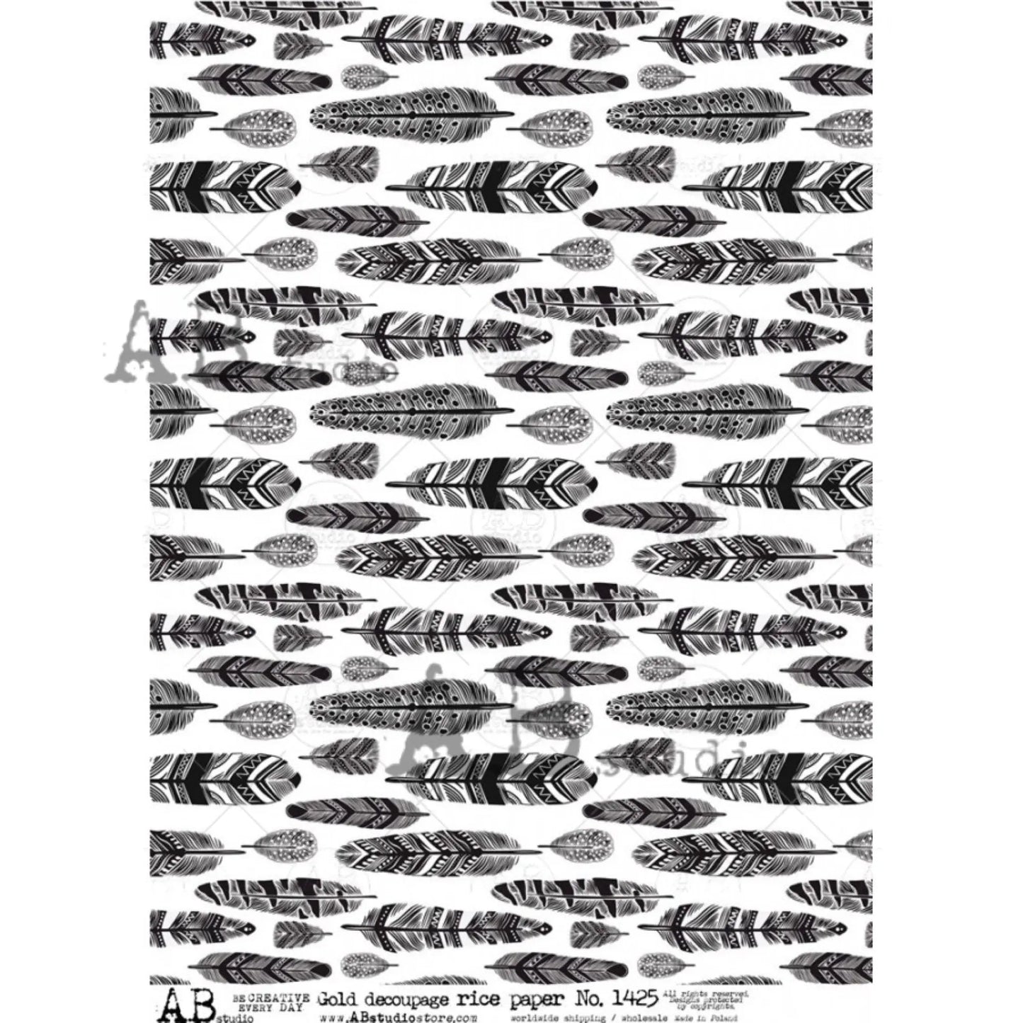 AB Studio, Gold gilded, Feathers Design, background, No. 1425 Size: A4 - 8.27 X 11.69 in Rice Paper for Decoupage Imported from Poland AB Studio