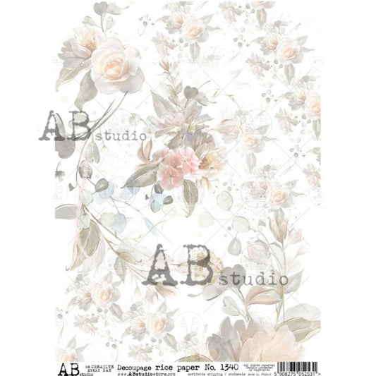 AB Studio Shabby Chic, Pale Pink Roses, Backgroud, Wallpaper, 1340, Size: A4 - 8.27 X 11.69 inches Rice Paper Decoupage Imported Poland