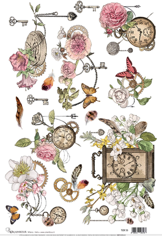 Calambour Italian Design, Romantic Steampunk Collection, Flowers, Gears, Clocks, TCR 53, Rice Paper Decoupage 34 x 49 cm 13.5 x 19.5 in